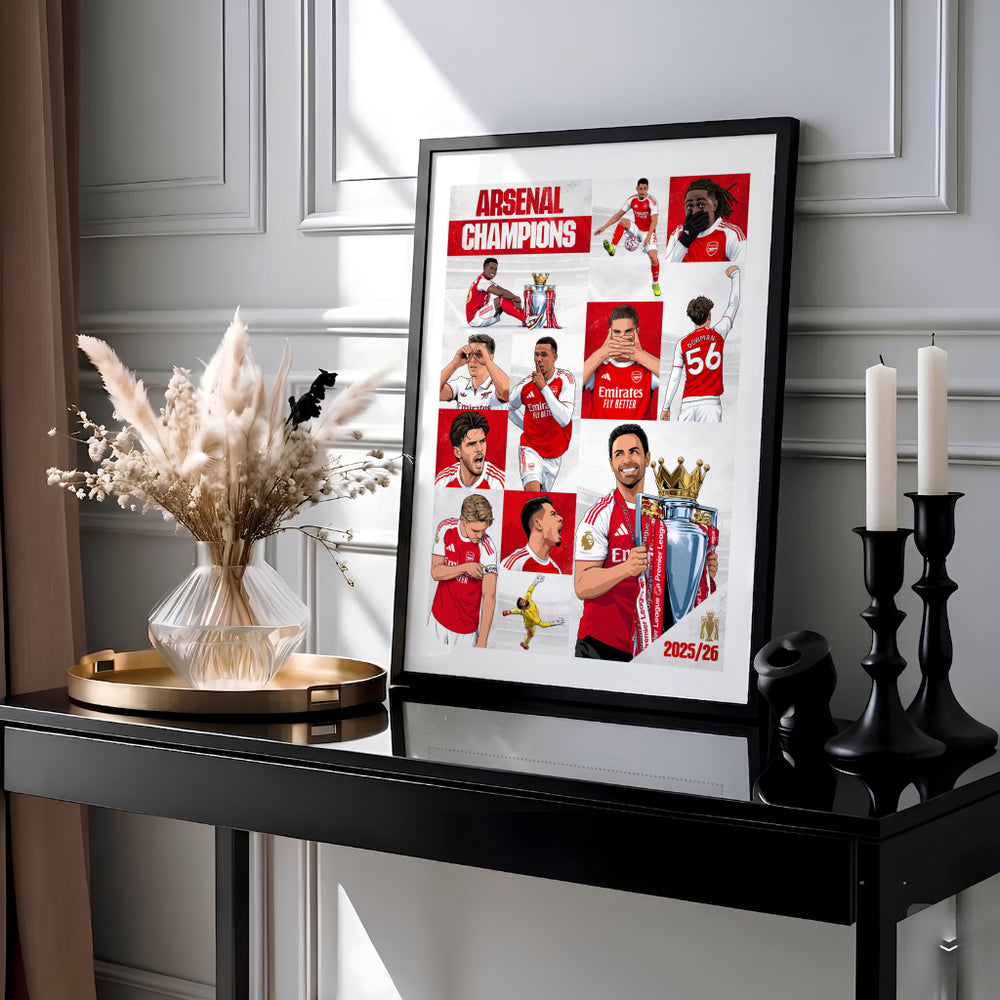 Graphic comic style Arsenal FC 2025/26 title victory art showing key player goal celebrations at Emirates Stadium, available as unframed prints, framed options, or canvas wall decor.
