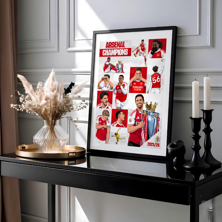 Graphic comic style Arsenal FC 2025/26 title victory art showing key player goal celebrations at Emirates Stadium, available as unframed prints, framed options, or canvas wall decor.