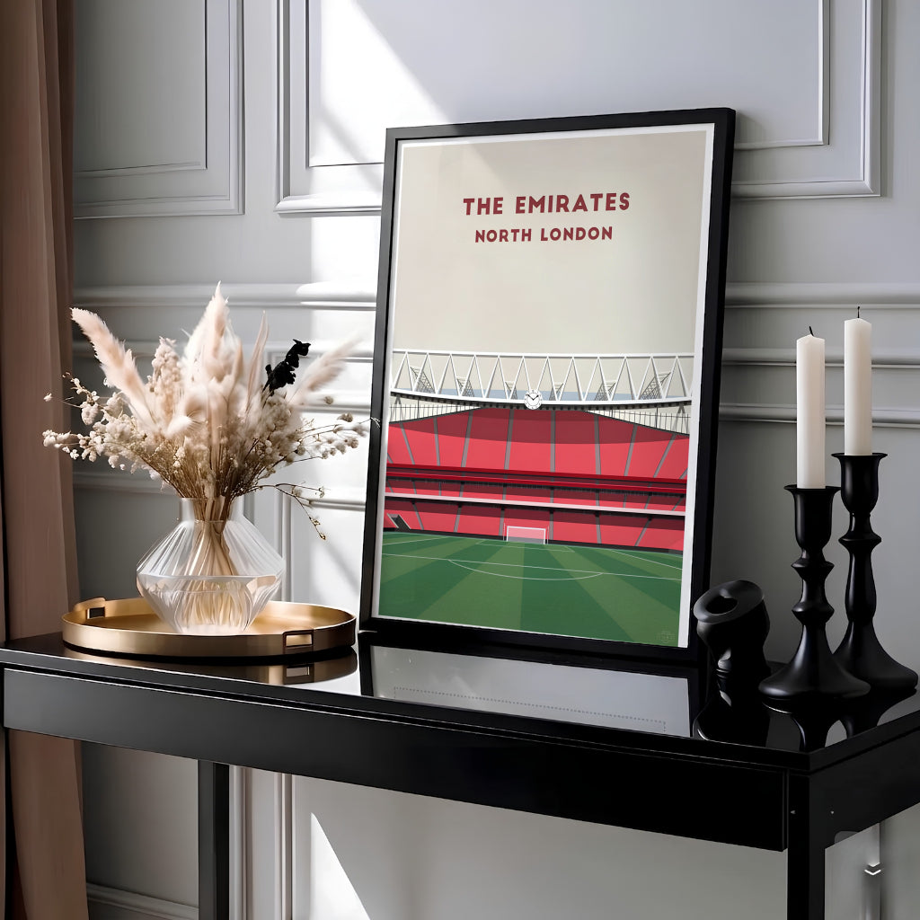 Comprehensive Arsenal Emirates Stadium interior wall art print displaying green pitch view and roof structure, available as framed wall decor, stretched canvas, or unframed paper options.