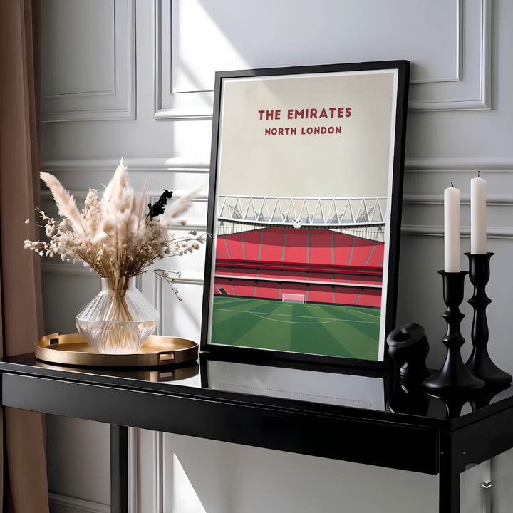 Comprehensive Arsenal Emirates Stadium interior wall art print displaying green pitch view and roof structure, available as framed wall decor, stretched canvas, or unframed paper options.
