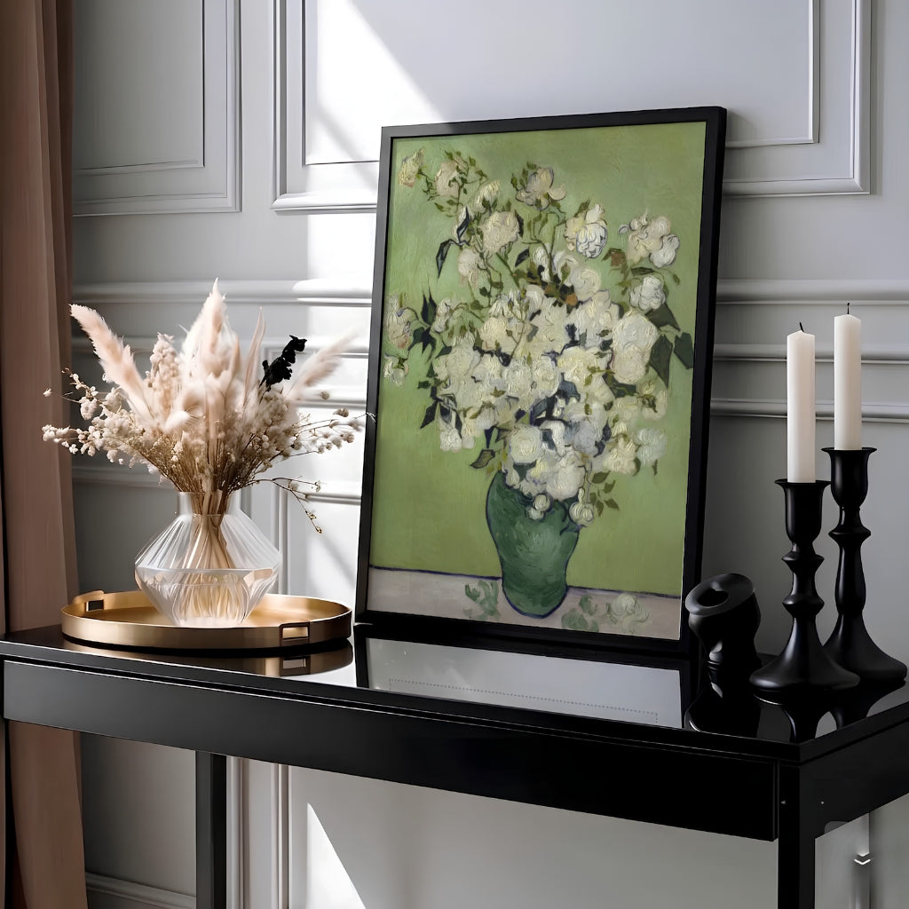 Botanical still life wall decor poster of Vincent van Gogh Roses 1890 painted in Saint-Remy-de-Provence France featuring white blossoms on a green background. MapYourDreams offers elegant framed prints, unframed paper posters, and stretched canvas art prints for refined bedroom decor.