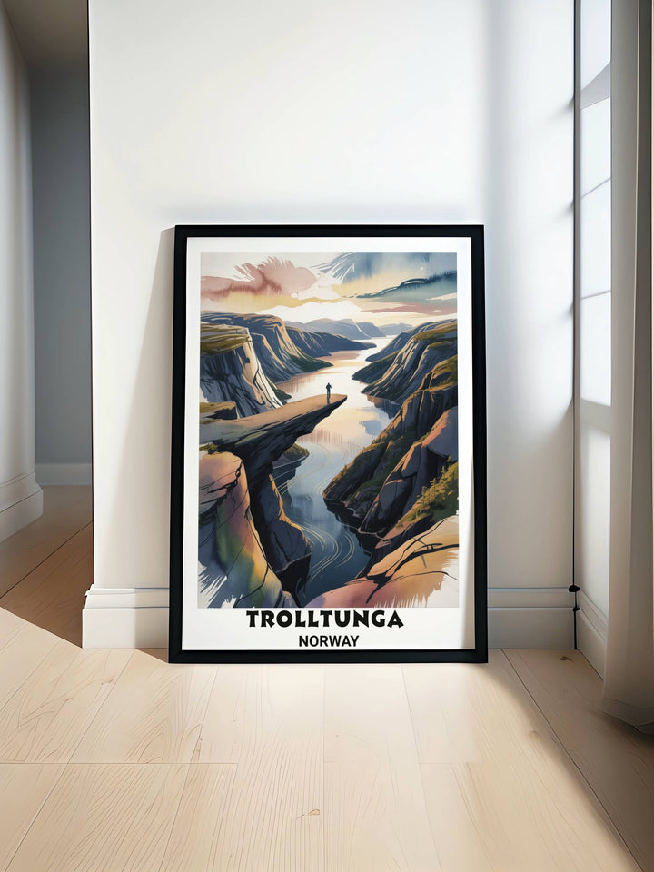 A coastal Norway travel poster for MapYourDreams featuring a peaceful sunset over the Lysefjord and the iconic horizontal rock formation known as the Troll&