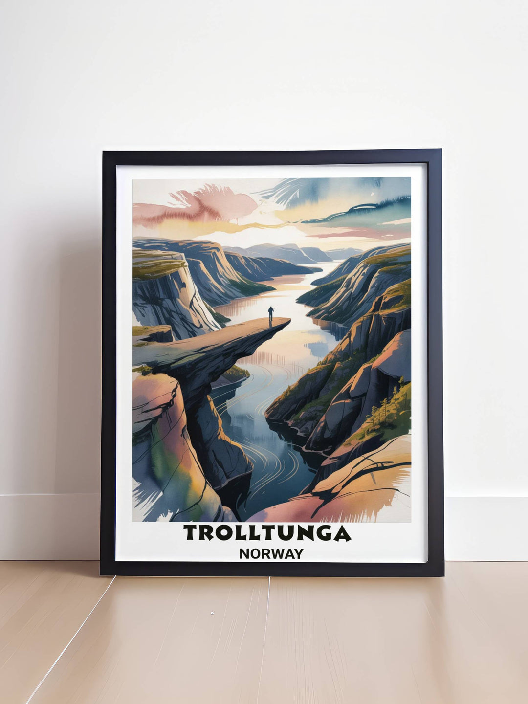 A vertical modern watercolor travel poster of Trolltunga Norway featuring the iconic rock shelf jutting out over a deep blue fjord with a tiny silhouetted hiker at the tip.
