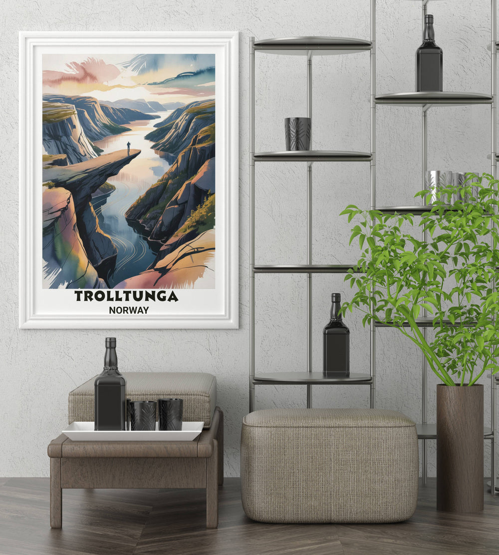 Vertical mountain wall art for home interiors depicting the breathtaking drop-off at Trolltunga with layered watercolor depth and soft, morning light hitting the granite cliffs.