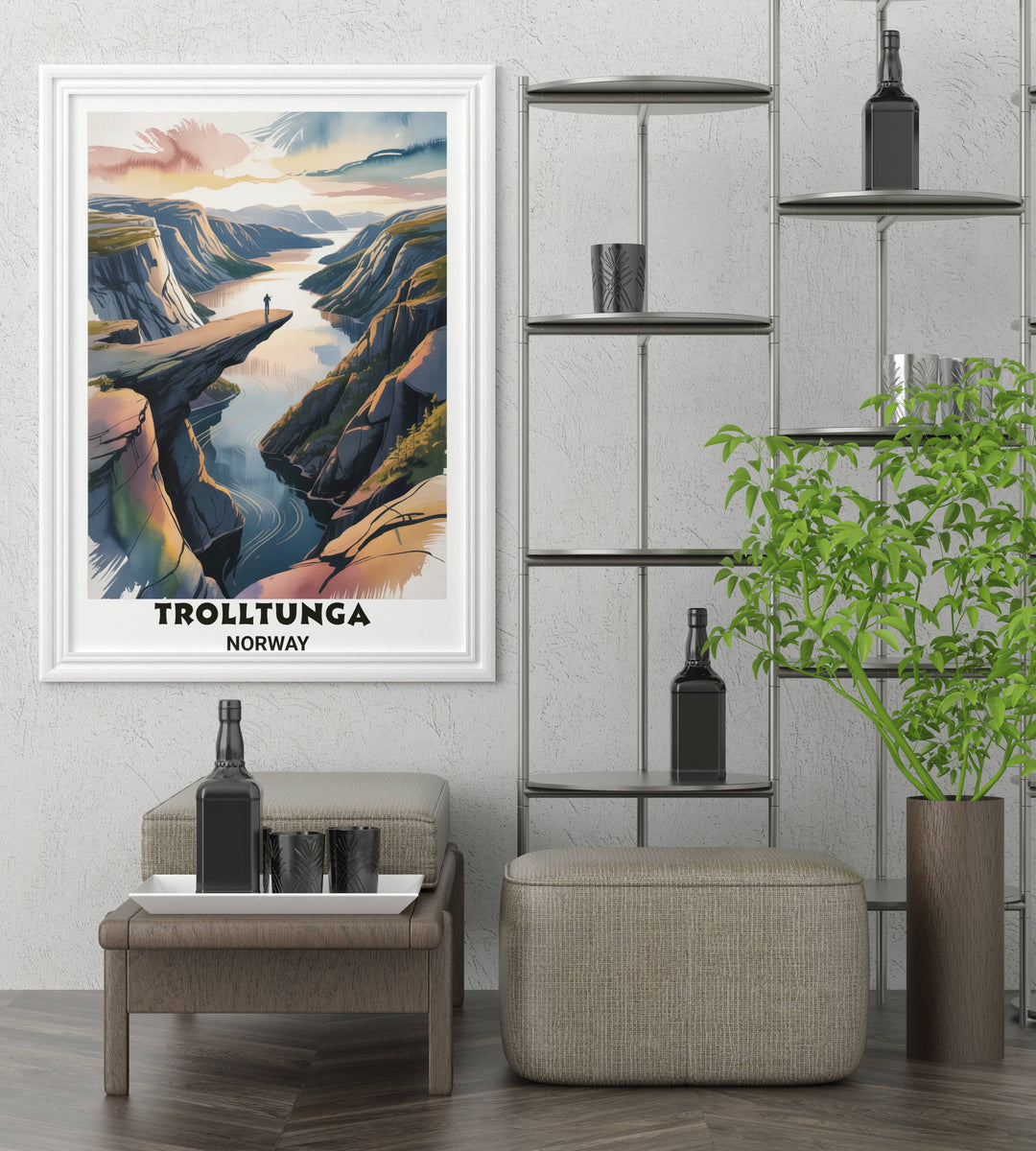 Vertical mountain wall art for home interiors depicting the breathtaking drop-off at Trolltunga with layered watercolor depth and soft, morning light hitting the granite cliffs.