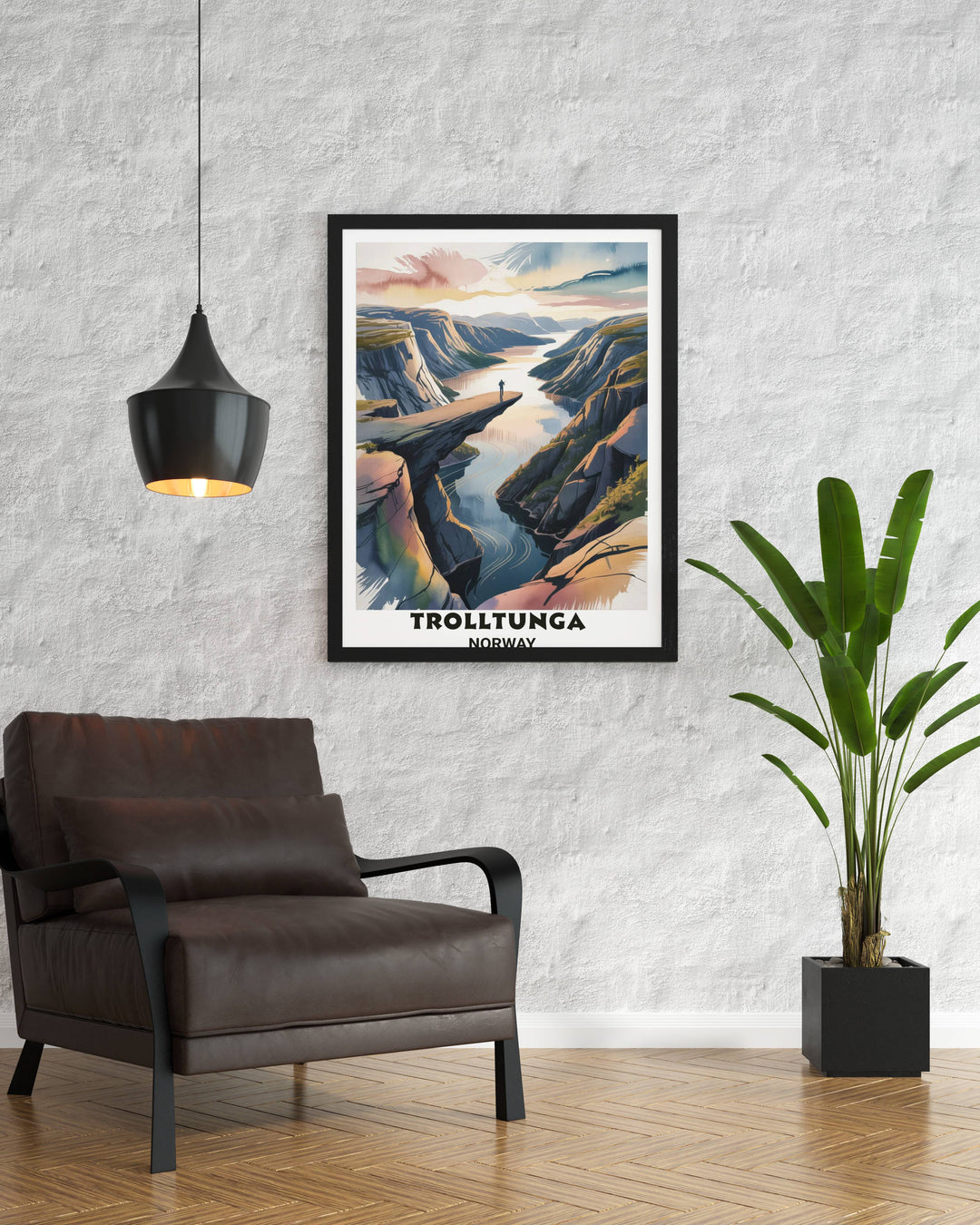 High-quality framed wall art of Trolltunga in a layered watercolor style with soft peachy sunrise colors, deep indigo water, and dramatic mountain peaks in the background.