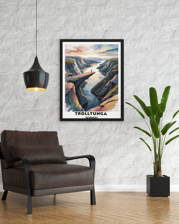 High-quality framed wall art of Trolltunga in a layered watercolor style with soft peachy sunrise colors, deep indigo water, and dramatic mountain peaks in the background.