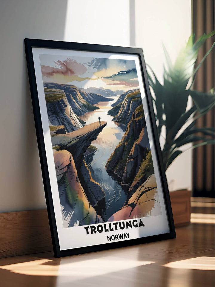 Minimalist travel illustration of the famous Trolltunga hike in Norway with a bold modern font and artistic watercolor splashes, ideal for a contemporary office or living room.