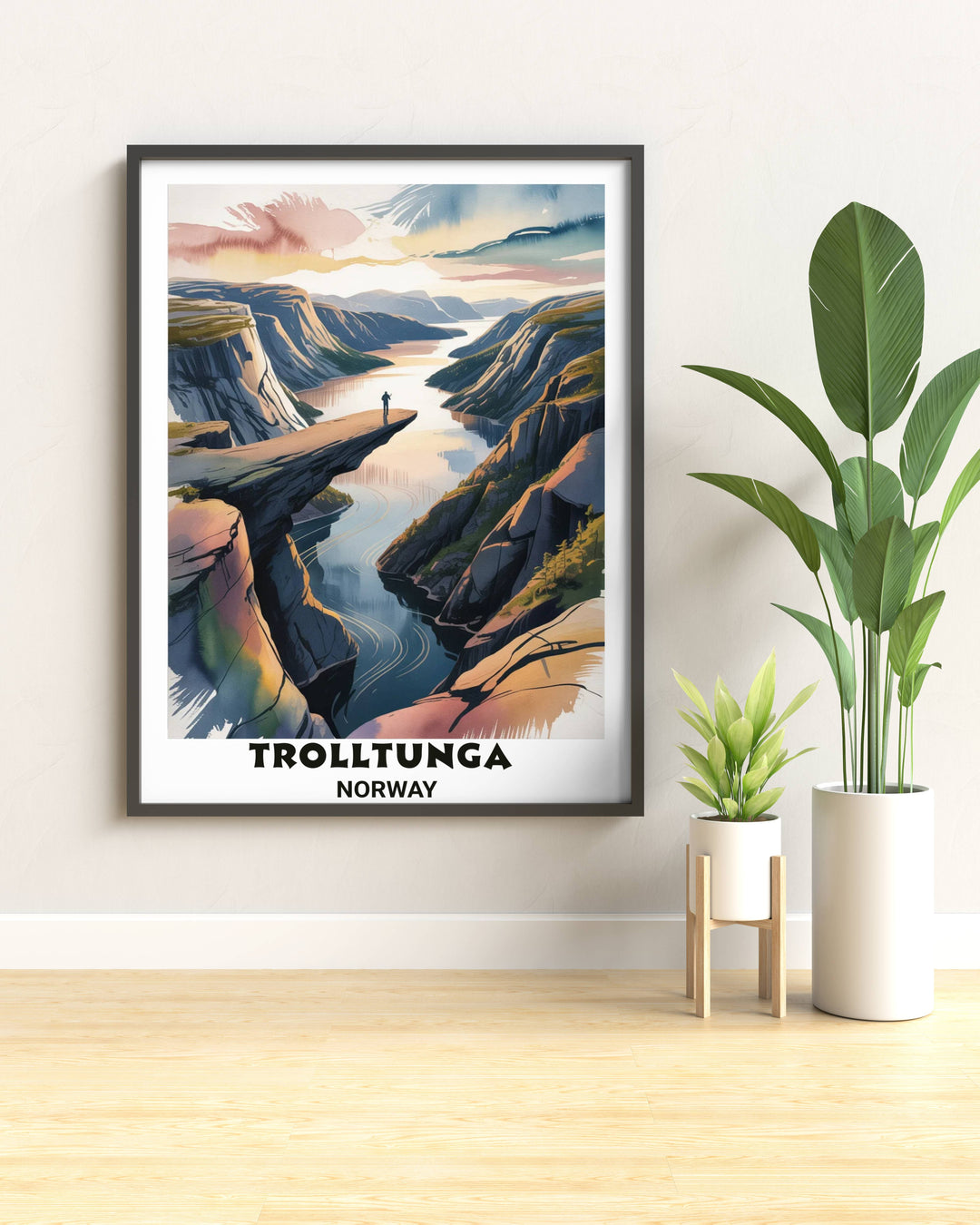 Scandinavian style mountain art of the Hardangerfjord region featuring a clean illustrative watercolor aesthetic with textured paint bleeds and a sophisticated gallery finish.
