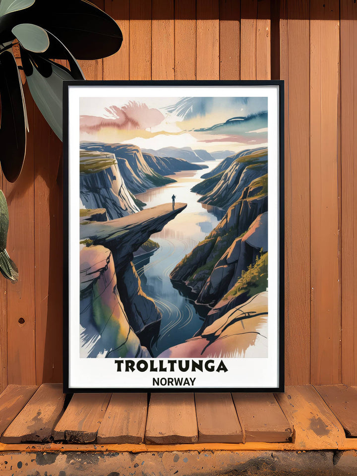 Detailed Neo-Impressionist watercolor painting of the Trolltunga cliff edge suspended 700 meters above the Ringedalsvatnet lake with vibrant Nordic blue and gold tones.