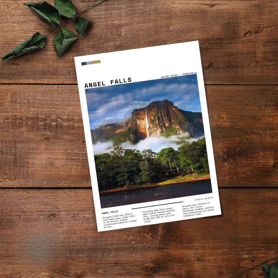 Fine art landscape photography capturing golden light, blue skies, and misty jungle canopy surrounding Angel Falls. Made by MapYourDreams, this artistic composition can be purchased as an unframed print, elegantly mounted in wood frames, or produced on stretched canvas.