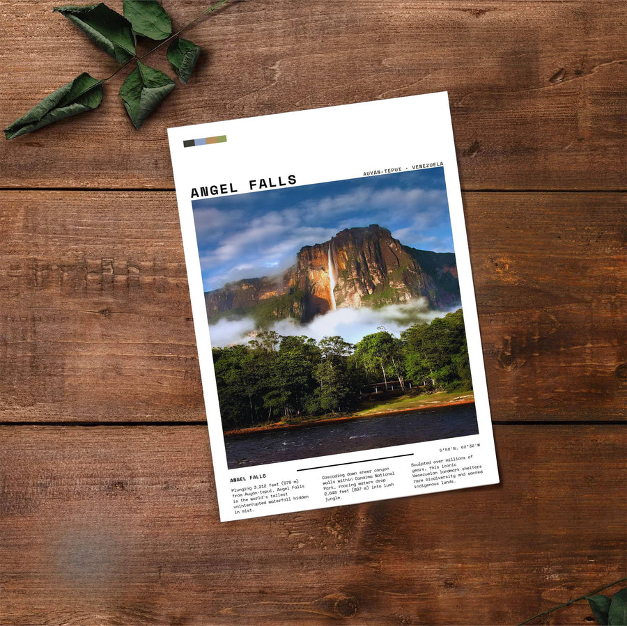 Fine art landscape photography capturing golden light, blue skies, and misty jungle canopy surrounding Angel Falls. Made by MapYourDreams, this artistic composition can be purchased as an unframed print, elegantly mounted in wood frames, or produced on stretched canvas.