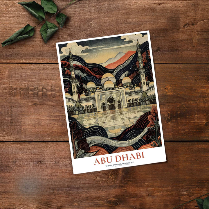 Architectural woodcut illustration of Abu Dhabi Grand Mosque under a decorative wave-patterned sky. Provided by MapYourDreams, this artwork is available in flexible options including unframed paper, custom wooden frames, and gallery canvas wraps for contemporary wall art setups.