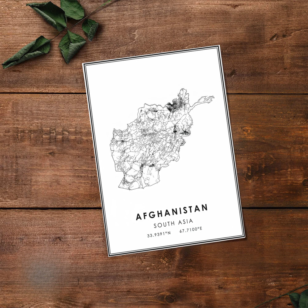 Fine line cartography print of Afghanistan displaying major highways and local road routes in stark black and white, available at MapYourDreams as an unframed print, gallery canvas, or custom framed wall decor in natural wood and white for modern dining rooms.
