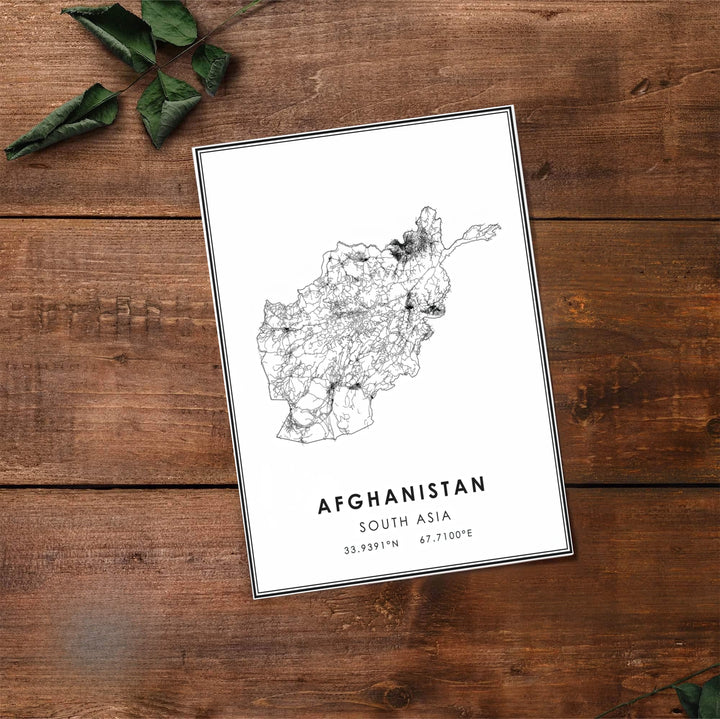 Fine line cartography print of Afghanistan displaying major highways and local road routes in stark black and white, available at MapYourDreams as an unframed print, gallery canvas, or custom framed wall decor in natural wood and white for modern dining rooms.