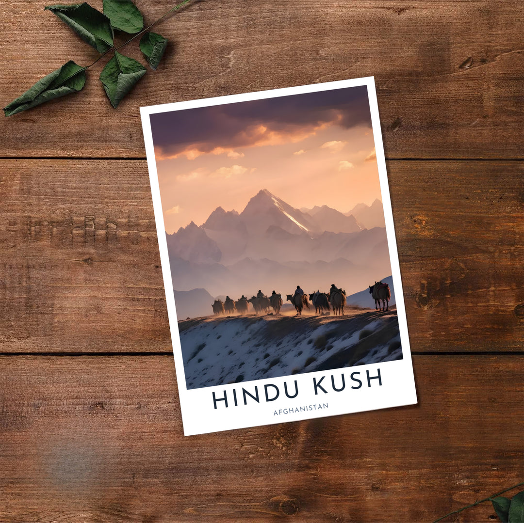 Fine landscape art print of the Hindu Kush mountains in Afghanistan displaying a sunset caravan route through alpine snow, available at MapYourDreams as an unframed print, gallery canvas, or custom framed wall decor in natural wood, white, and silver finishes for apartment living rooms.