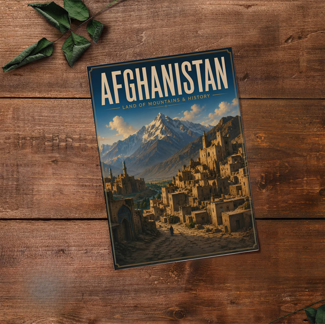 Fine landscape art print of an ancient citadel in Afghanistan showcasing classic mid-century travel poster typography, available at MapYourDreams as an unframed print, gallery canvas, or custom framed wall decor in natural wood, white, and silver finishes for apartment living rooms.