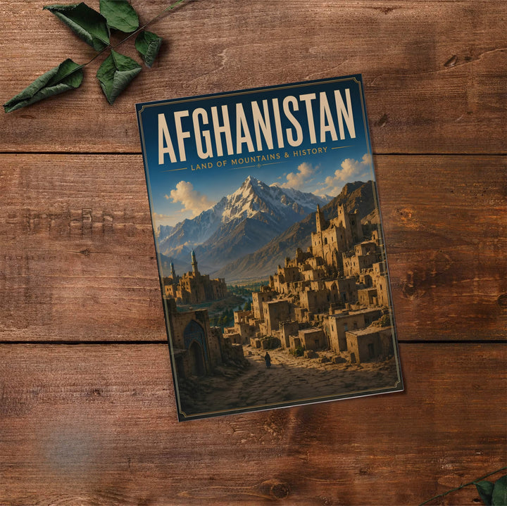Fine landscape art print of an ancient citadel in Afghanistan showcasing classic mid-century travel poster typography, available at MapYourDreams as an unframed print, gallery canvas, or custom framed wall decor in natural wood, white, and silver finishes for apartment living rooms.