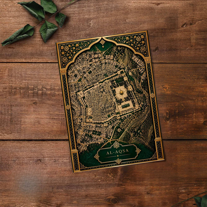 Cultural map print of Jerusalem Old City detailing the Al Aqsa Compound with vintage parchment textures. Developed by MapYourDreams, this artwork is available in flexible options including unframed paper, custom wooden frames, and gallery canvas wraps for hallway wall decor.