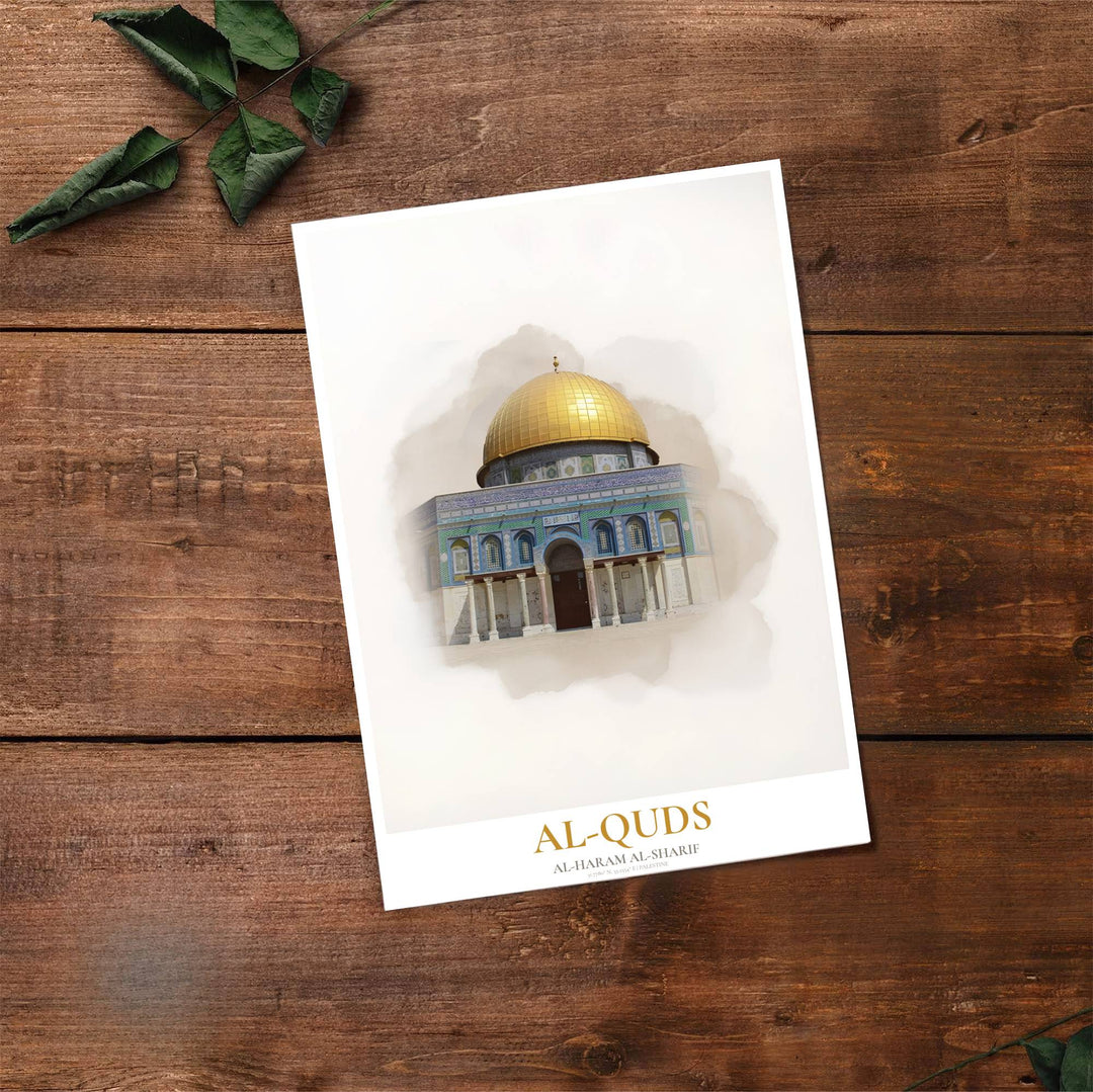 Fine art watercolor poster of Dome of the Rock in Jerusalem with elegant Al-Quds lettering at the bottom. Provided by MapYourDreams, this artwork is available in flexible options including unframed paper, custom wooden frames, and gallery canvas wraps for contemporary setups.