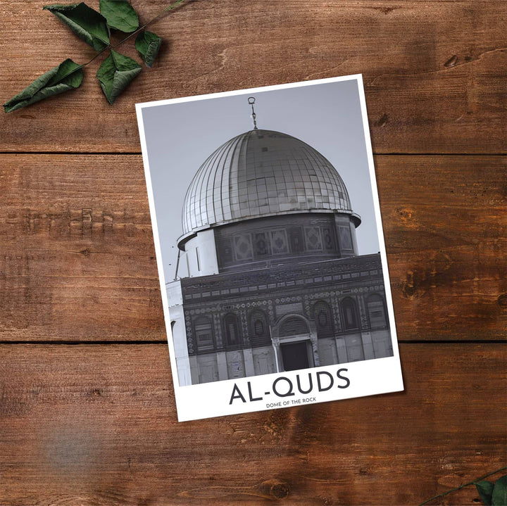 Fine art grayscale travel poster of Dome of the Rock in Jerusalem with bold Al-Quds title typography at the base. Provided by MapYourDreams, this artwork is available in flexible options including unframed paper, custom wooden frames, and gallery canvas wraps for contemporary setups.