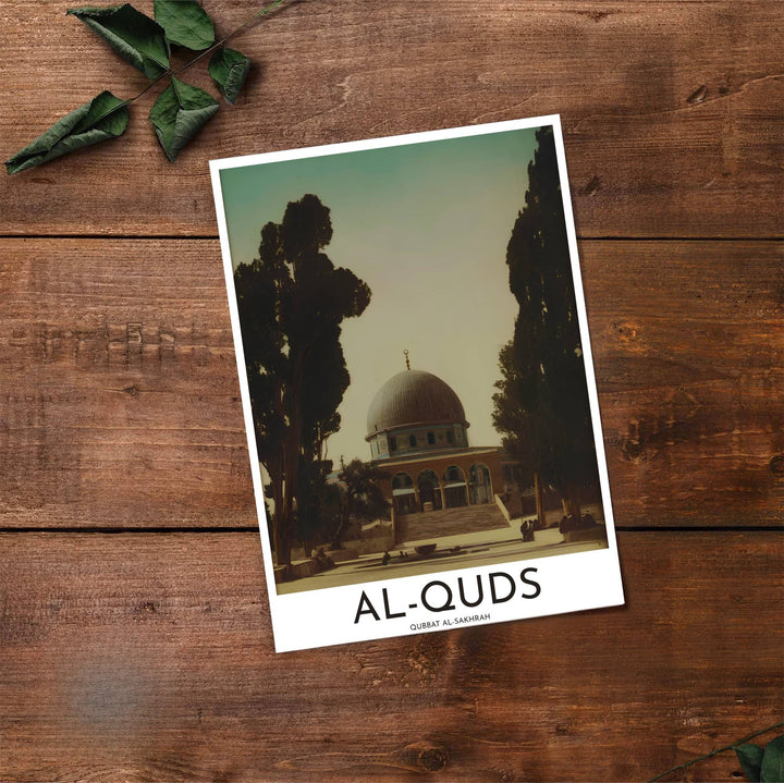 Fine art vintage travel poster of Dome of the Rock in Jerusalem with bold Al-Quds title text at the bottom. Provided by MapYourDreams, this artwork is available in flexible options including unframed paper, custom wooden frames, and gallery canvas wraps for contemporary setups.