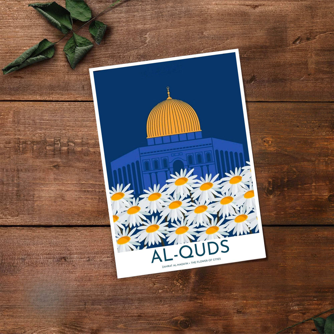 Fine art travel poster of Dome of the Rock in Jerusalem with bold Al-Quds title text and poetic subtitle at the base. Provided by MapYourDreams, this artwork is available in flexible options including unframed paper, custom wooden frames, and gallery canvas wraps for contemporary setups.