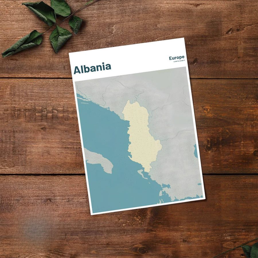 Fine art travel poster displaying the silhouette of Albania in vintage teal and cream with exact coordinates 41.1533° N, 20.1683° E printed above. Offered by MapYourDreams, this artwork is available in flexible options including unframed paper, custom wooden frames, and gallery canvas wraps.