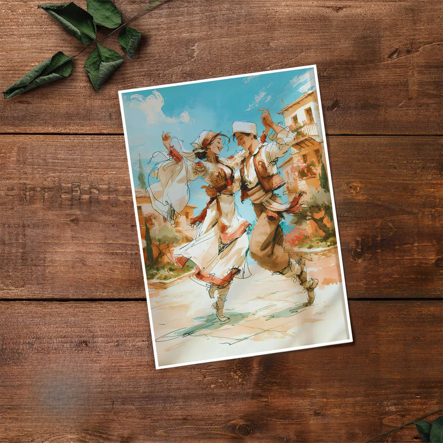 Fine art travel poster displaying a dancing couple in traditional Albanian attire with sunny village buildings and blue sky in the background. Offered by MapYourDreams, this artwork is available in flexible options including unframed paper, custom wooden frames, and gallery canvas wraps.