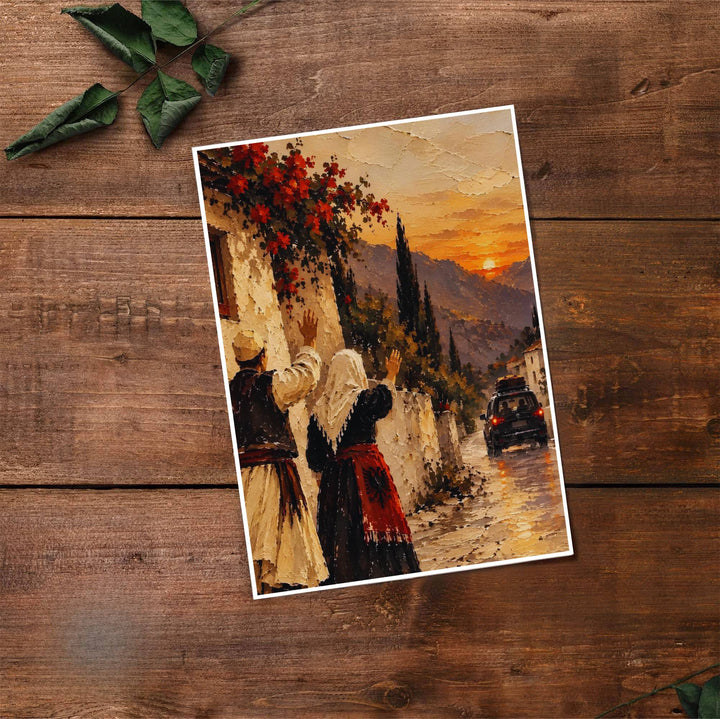 Fine art travel poster displaying a couple in traditional Albanian attire waving to a departing vehicle with sunset mountains in the background. Offered by MapYourDreams, this artwork is available in flexible options including unframed paper, custom wooden frames, and gallery canvas wraps.