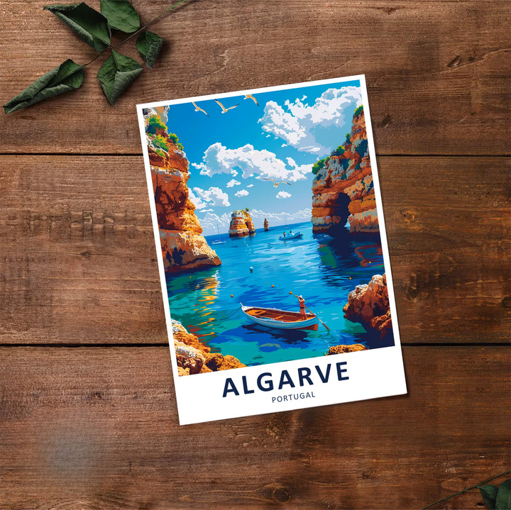 Elegant print design with clean ALGARVE PORTUGAL typography showcasing a sunlit ocean inlet with golden rock arches. Choose your favorite format: unframed paper print, gallery canvas, or framed wall art.