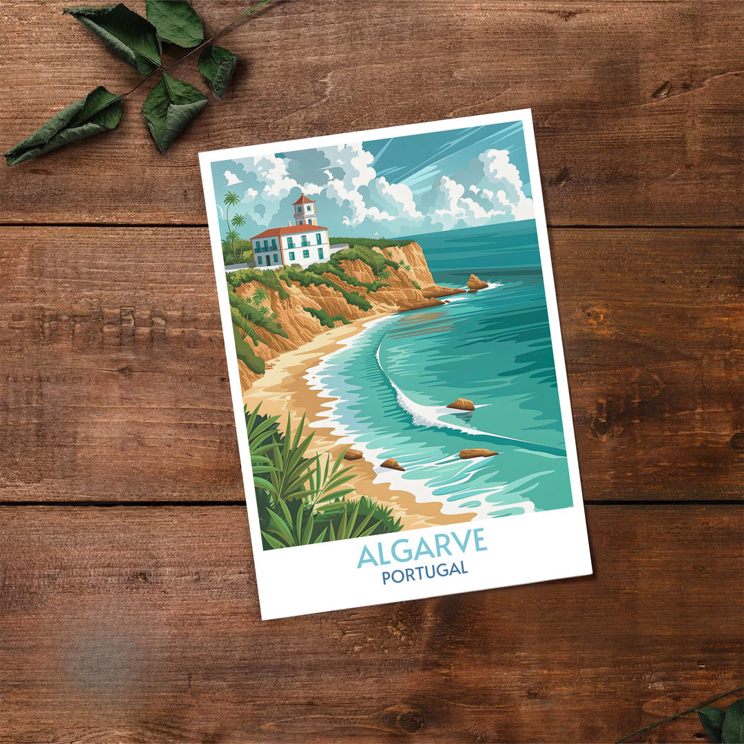 Smooth vector shading highlights a sunny day at the beach in this Algarve travel poster, displayed in a white picture frame that complements bright ocean-themed interiors.