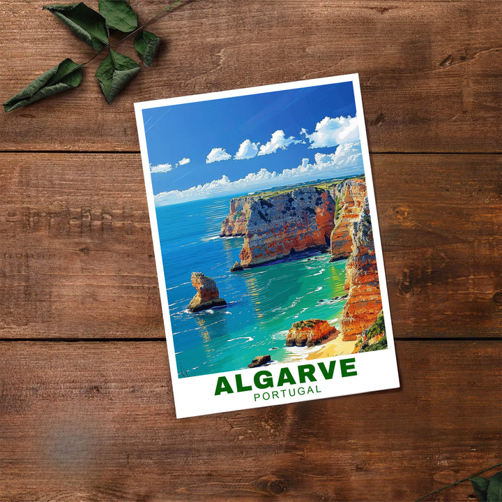 Relaxing sea breeze vibes and puffy cloud graphics define this Algarve Cliffs, Portugal travel poster print. MapYourDreams features high-resolution framed, unframed, and canvas options for bedroom wall decor.