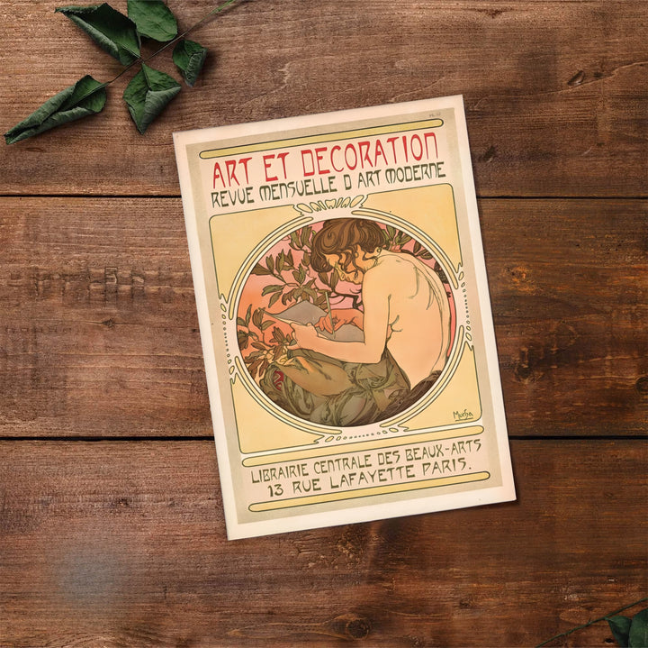 Historic Parisian poster print Art Et Decoration by artist Alphonse Mucha with authentic publisher address reflecting Art Nouveau heritage at 13 Rue Lafayette Paris. Select premium framed, unframed, and canvas wall decor options at MapYourDreams.