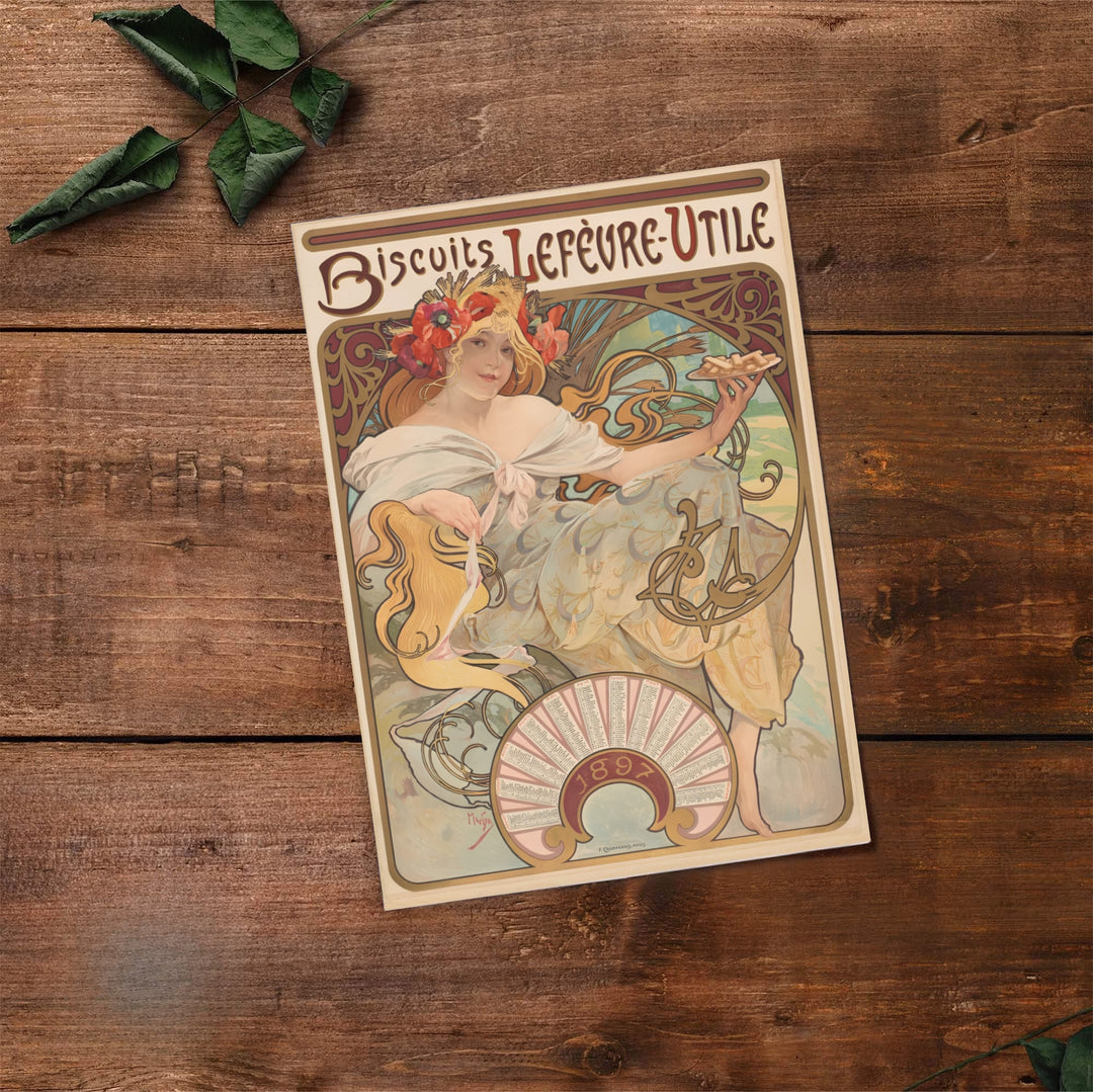 Historic French travel print Biscuits Lefevre Utile by artist Alphonse Mucha with authentic signature details reflecting Art Nouveau heritage in Nantes France. Select premium framed, unframed, and canvas wall decor options at MapYourDreams.