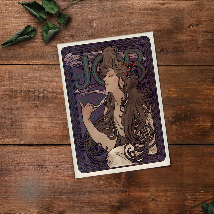 Dynamic French illustration poster JOB Cigarette Papers by artist Alphonse Mucha featuring tobacco company art in Paris France. MapYourDreams features framed, unframed, and canvas print options for bedroom wall art decor.