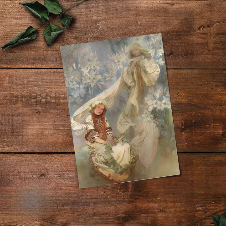 Historic Slavic fine art print Madonna Of The Lilies by artist Alphonse Mucha with authentic signature details reflecting Art Nouveau heritage in Prague Bohemia. Select premium framed, unframed, and canvas wall decor options at MapYourDreams.
