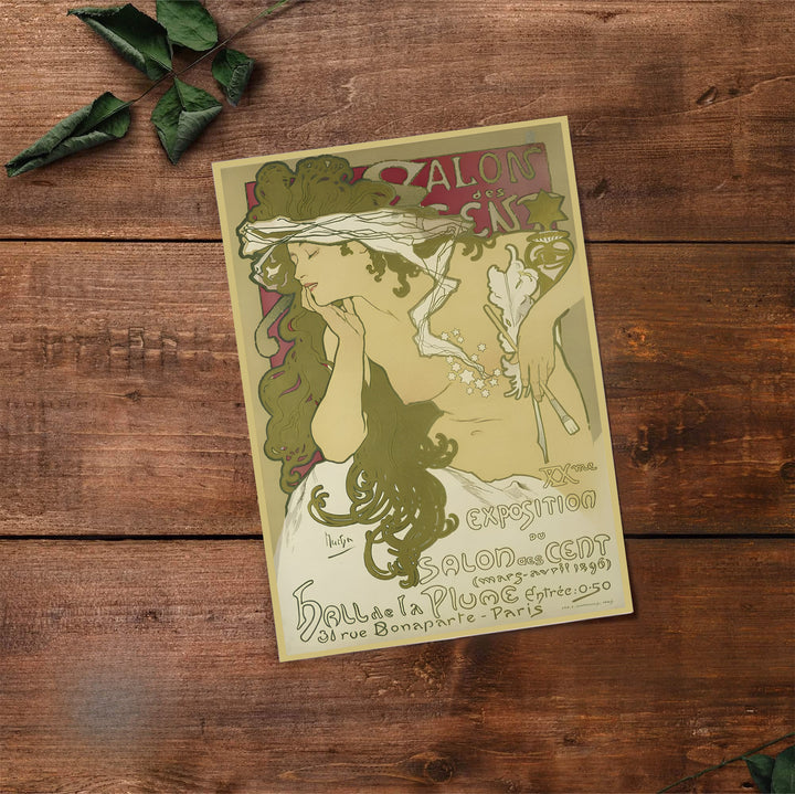 Historic French fine art print Salon Des Cent by artist Alphonse Mucha with authentic signature typography at 31 Rue Bonaparte Paris. Select premium framed, unframed, and canvas wall decor options at MapYourDreams.