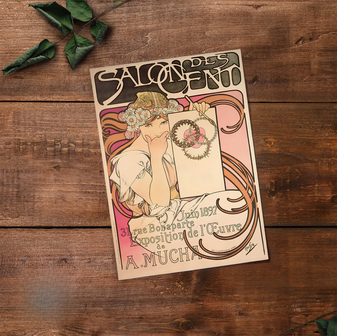 Historic French fine art print Salon Des Cent by artist Alphonse Mucha with authentic signature typography at 31 Rue Bonaparte Paris. Select premium framed, unframed, and canvas wall decor options at MapYourDreams.
