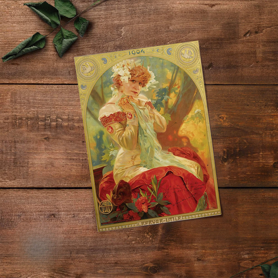 Historic French advertisement poster of Sarah Bernhardt by Alphonse Mucha set in Paris France, available to order as an unframed poster print, gallery canvas, or premium framed wall art at MapYourDreams.