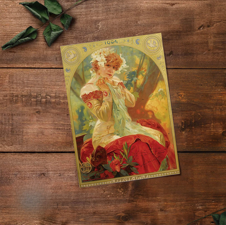 Historic French advertisement poster of Sarah Bernhardt by Alphonse Mucha set in Paris France, available to order as an unframed poster print, gallery canvas, or premium framed wall art at MapYourDreams.