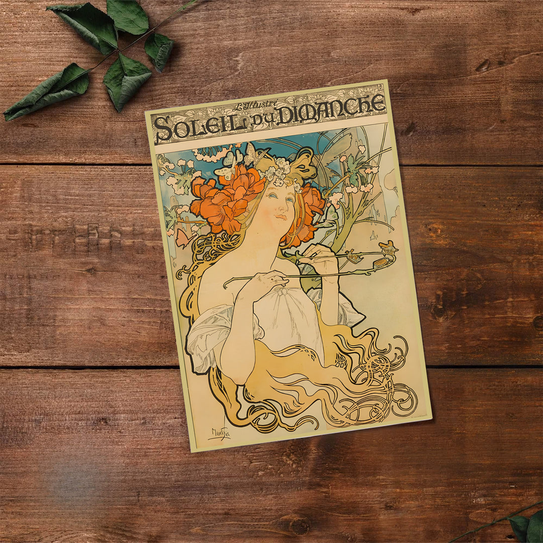 Dynamic French illustration poster Soleil Du Dimanche by artist Alphonse Mucha featuring Paris magazine cover art. MapYourDreams features framed, unframed, and canvas print options for office wall art decor.