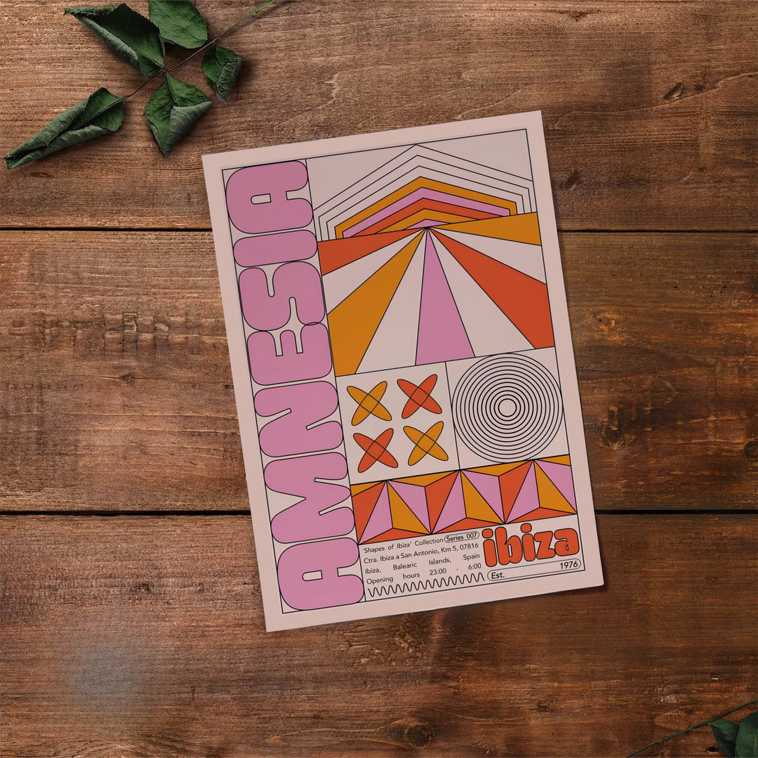 Retro graphic print of abstract geometric forms and vintage text celebrating the 1976 opening of Amnesia Ibiza in Spain, available at MapYourDreams where you can select from unframed paper prints, gallery canvas, or custom framed wall art options for modern music lover decor setups.