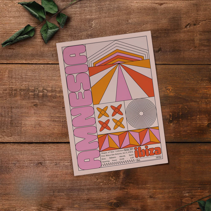 Retro graphic print of abstract geometric forms and vintage text celebrating the 1976 opening of Amnesia Ibiza in Spain, available at MapYourDreams where you can select from unframed paper prints, gallery canvas, or custom framed wall art options for modern music lover decor setups.