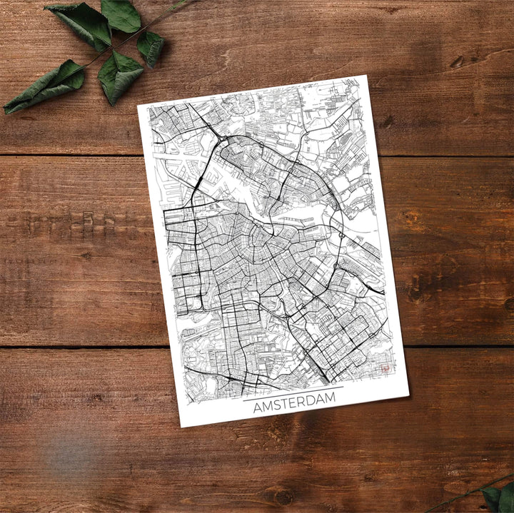 Architectural cartography print of historic and modern Amsterdam street grids, available from MapYourDreams where you can select between premium unframed paper, gallery canvas, or custom framed wall art options for living room or corporate office decoration.