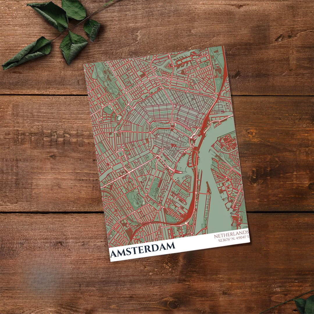 Architectural cartography print of historic and modern Amsterdam street grids in sage green, teal, and terracotta red, available from MapYourDreams where you can select between premium unframed paper, gallery canvas, or custom framed wall art options for living room or bedroom decoration.