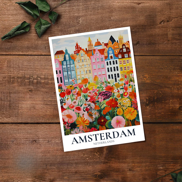 Storybook illustration print of historic Amsterdam canal houses paired with colorful garden wildflowers, available from MapYourDreams where you can select between premium unframed paper, gallery canvas, or custom framed wall art options for romantic bedroom or living room decor.