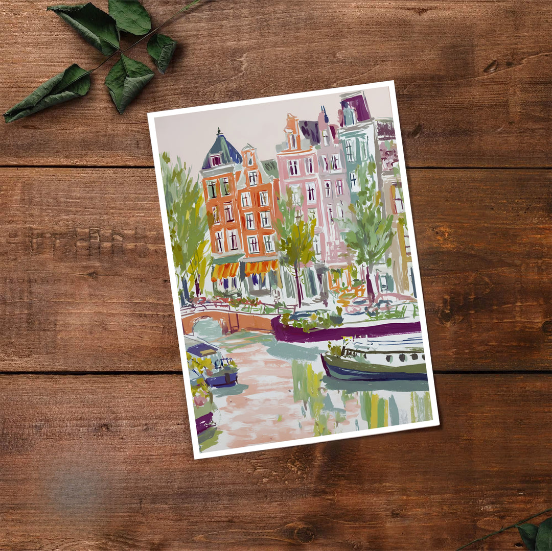 Impressionist cityscape print of historic Amsterdam canal houses paired with soft water reflections, available from MapYourDreams where you can select between premium unframed paper, gallery canvas, or custom framed wall art options for serene bedroom or hallway decoration.