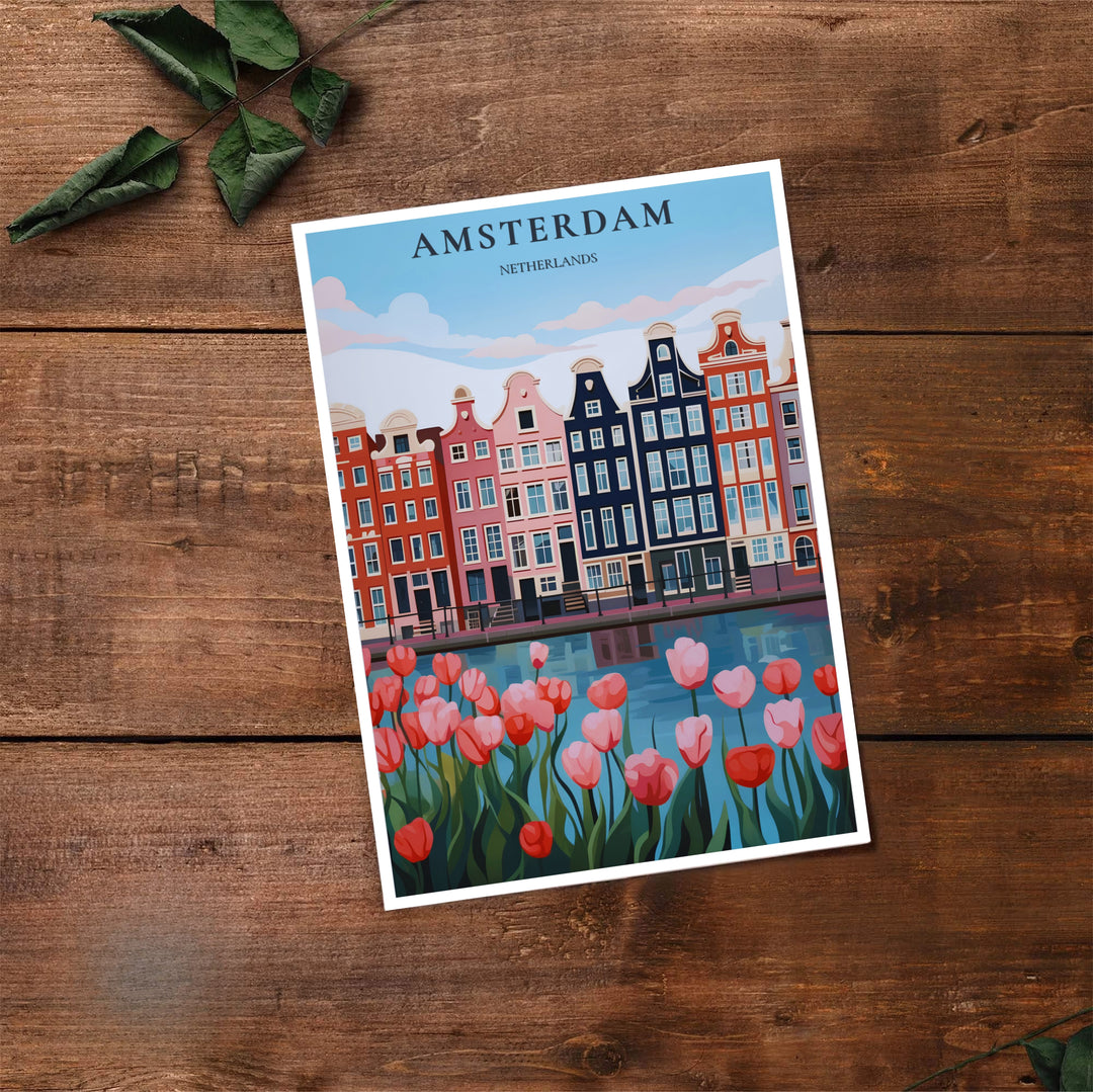 Graphic vector print of historic Amsterdam canal houses paired with rich floral foreground elements, available from MapYourDreams where you can select between premium unframed paper, gallery canvas, or custom framed wall art options for hallway decoration.