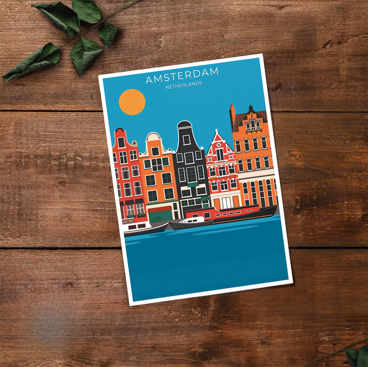 Amsterdam retro vector poster capturing historic canal facades and sunny skies, offered by MapYourDreams as an unframed matte paper poster, a durable gallery wrapped canvas, or a selection of custom frames for dining room and hallway wall styling.